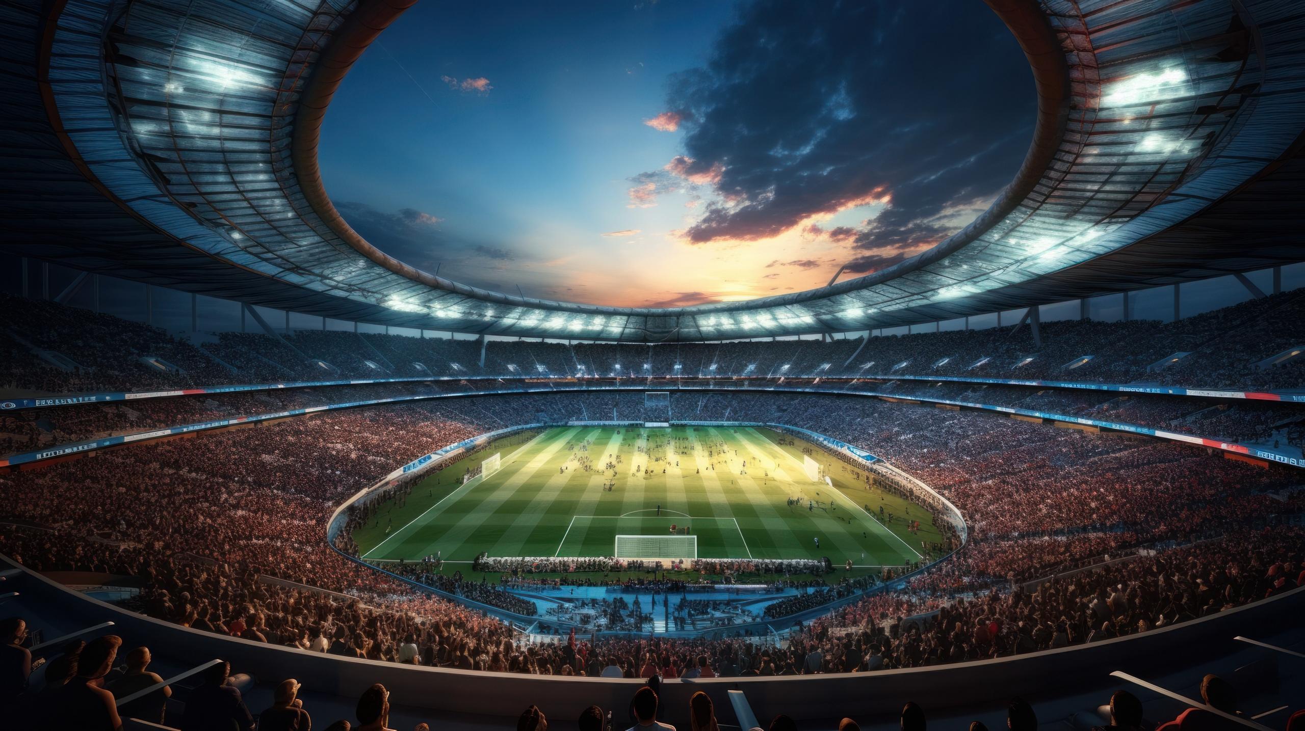 Blick ins Innere eines Fußballstadions mit den Fans in der Abenddämmerung