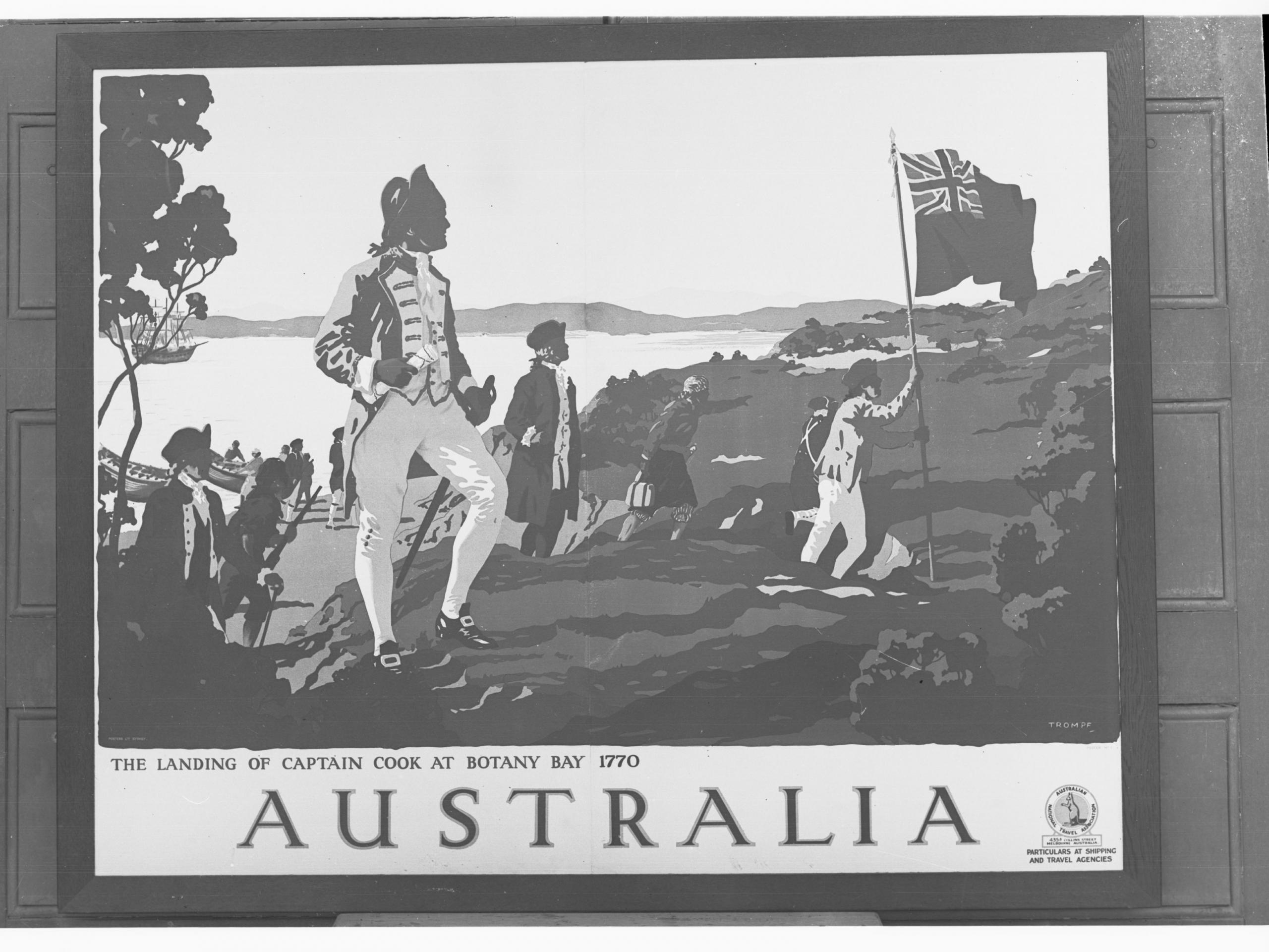 Ein altes Plakat, welches James Cooks Ankunft in Australien darstellt.