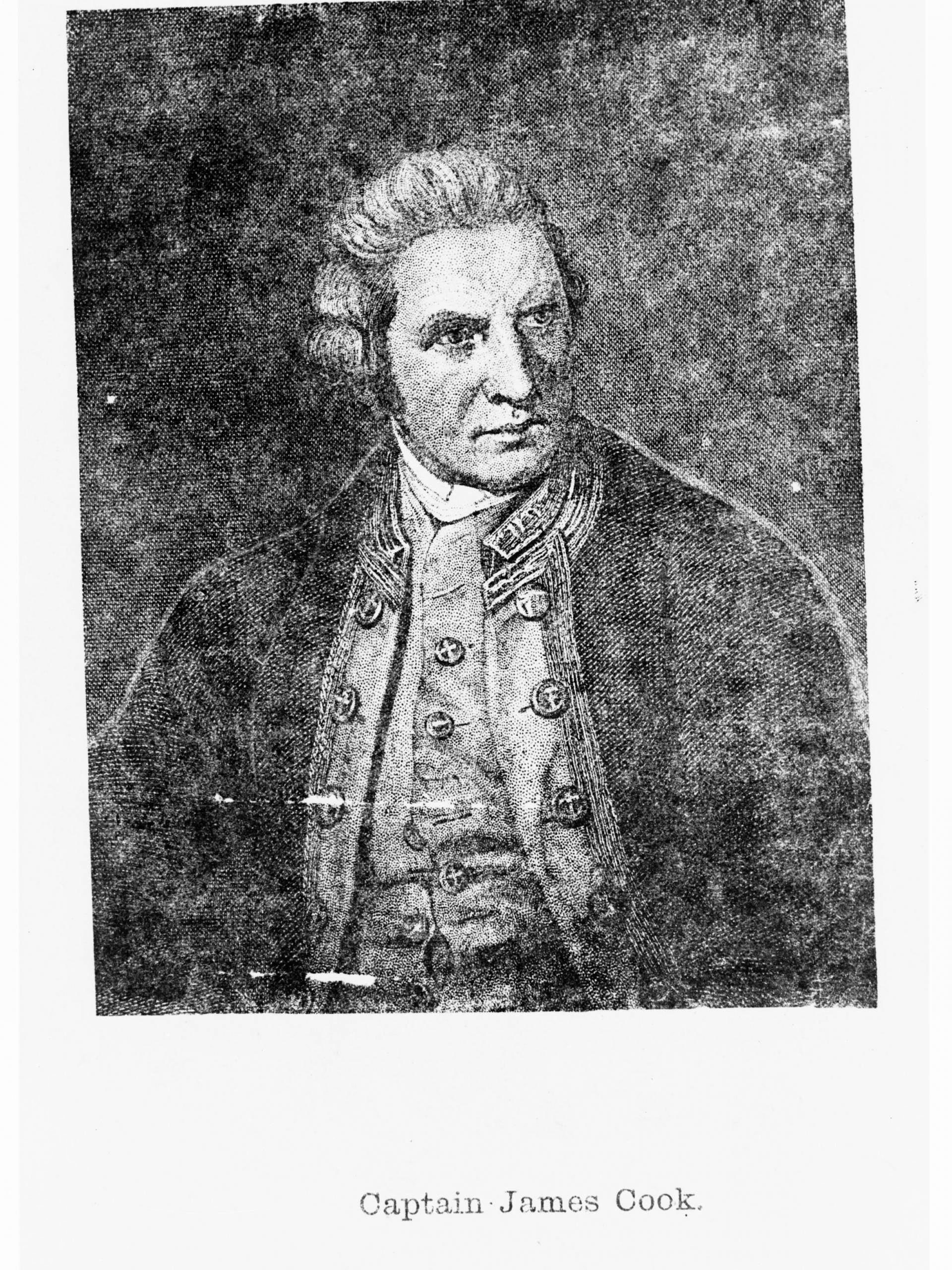 ein altes Portrait von James Cook mit strenger Mine.