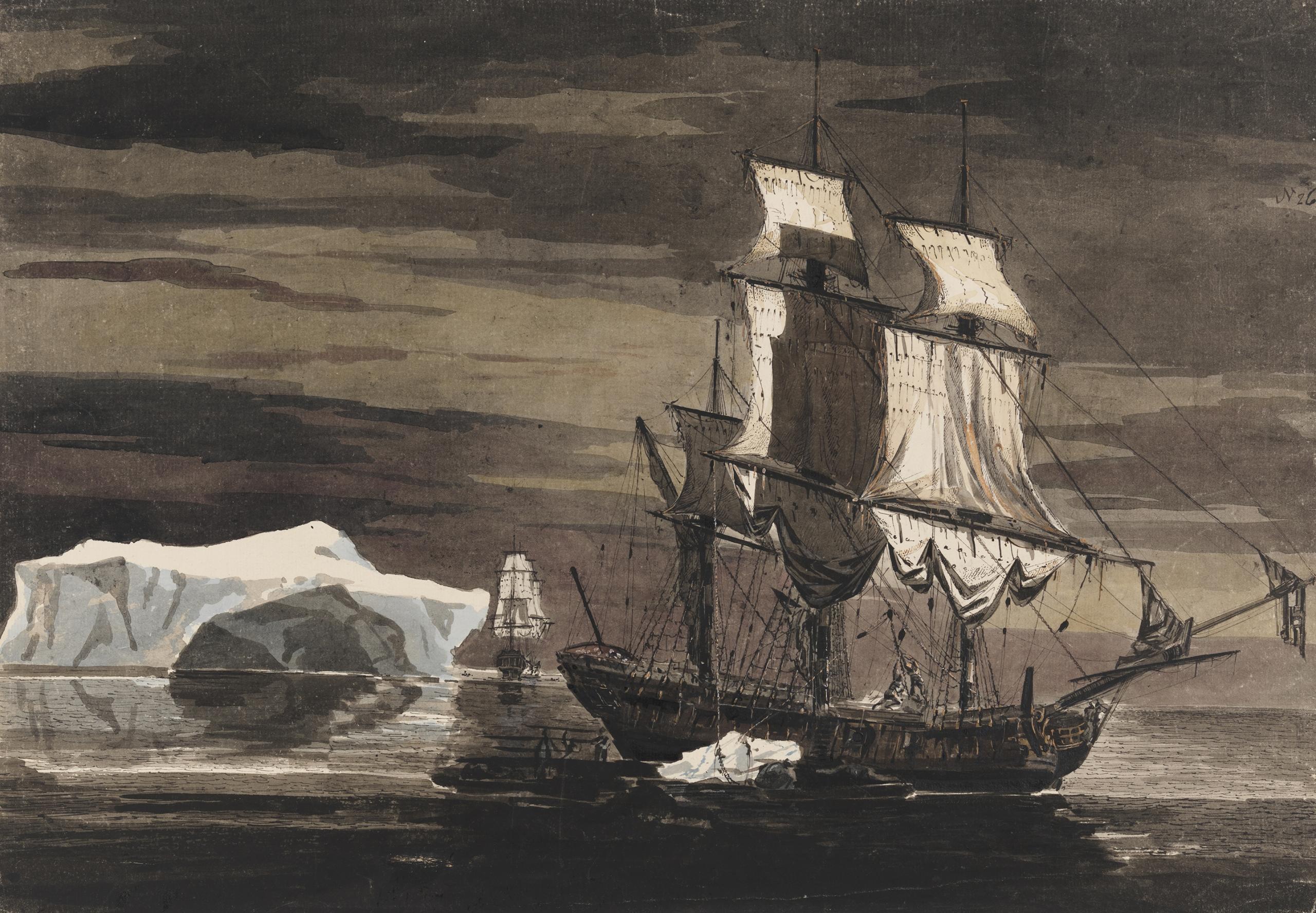Ein Gemälde von James Cooks Schiff auf hoher See