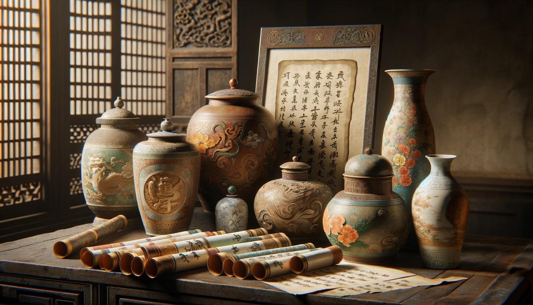 asiatische Keramik und Schriftrollen