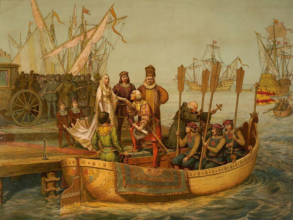 Ein Gemälde zeigt wie Christoph Kolumbus und ein paar Mann mit einem kleinen Boot in Spanien ablegen.