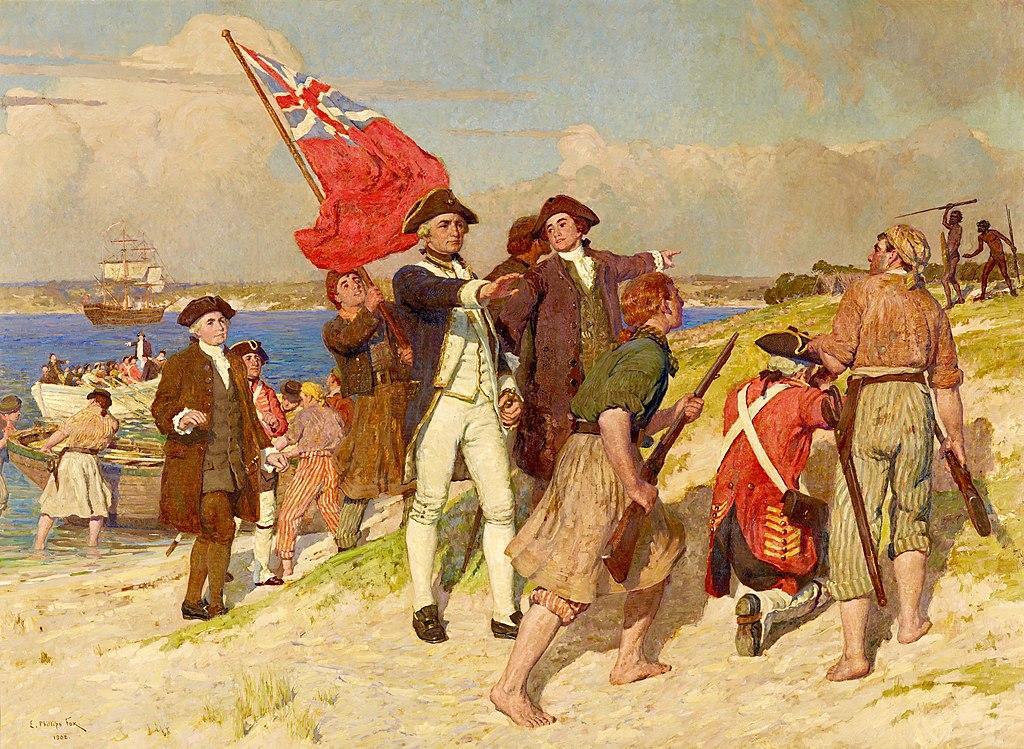 Ein Gemälde was die Ankunft von James Cook mit Besatzung und Schiffen in der Botany Bay, Sydney zeigt.