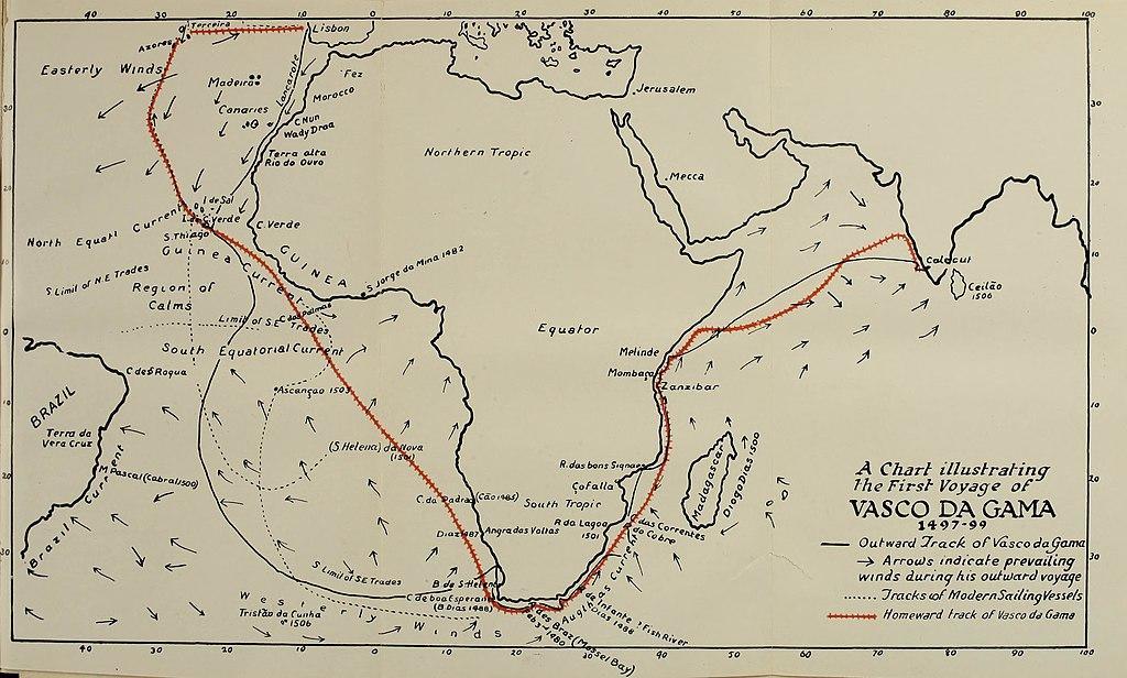 Auf einer Karte ist Vasco da Gamas Route von Portugal nach Indien eingezeichnet.