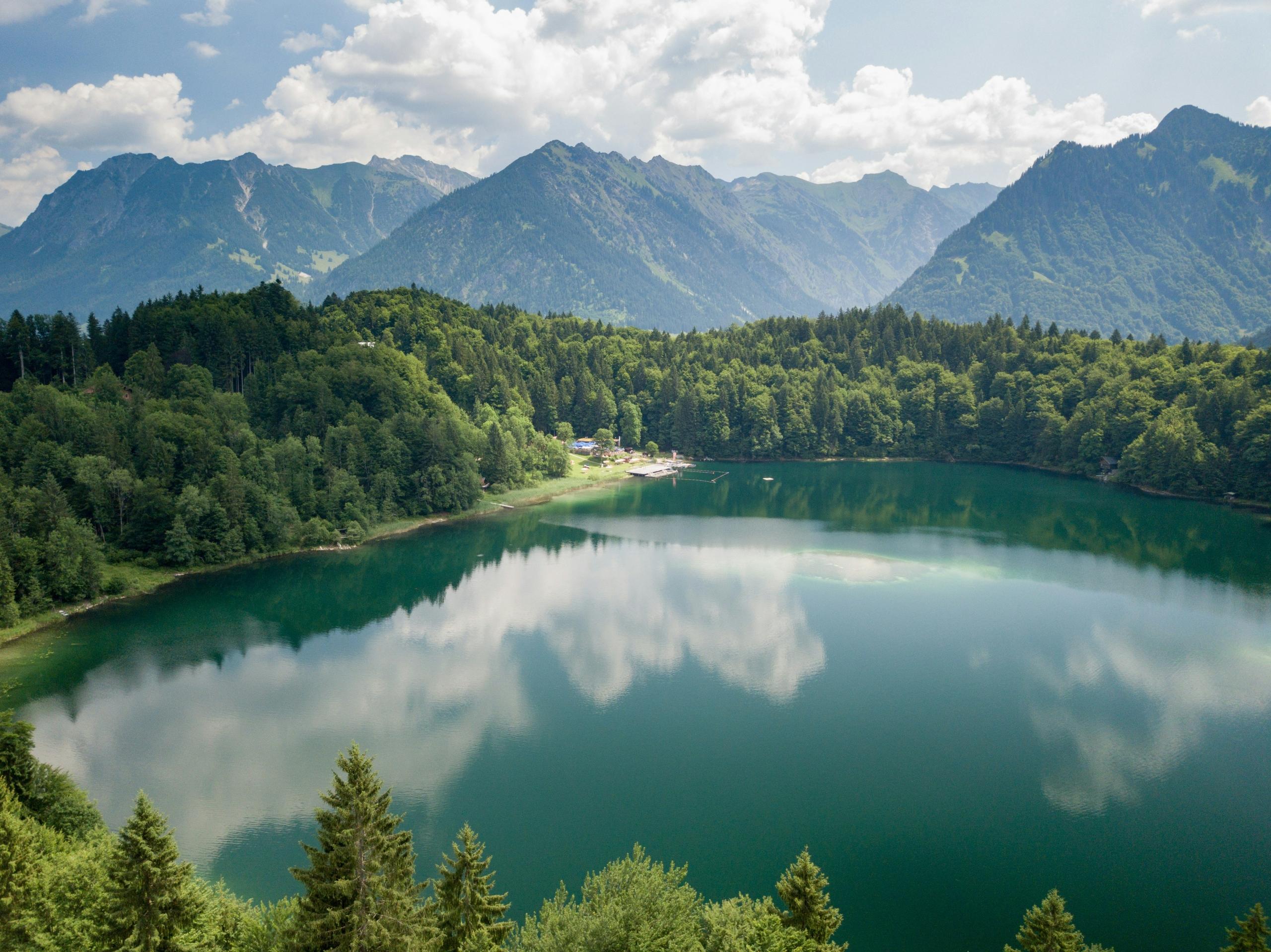 Ein See mit einem angrenzenden Wald und Bergen im Hintergrund