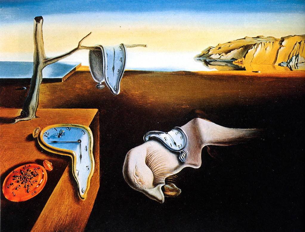 „Die Beständigkeit der Erinnerung" von Salvador Dali, welches schmelzende Uhren in einer spanischen Felslandschaft zeigt.