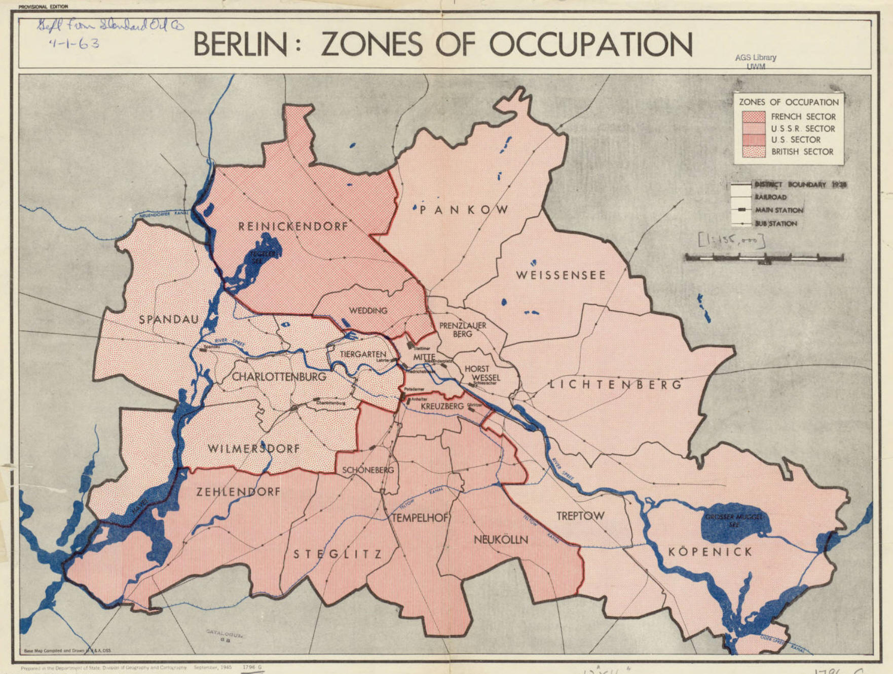 Eine Karte von Berlin in der die vier Besatzungszonen eingetragen sind.