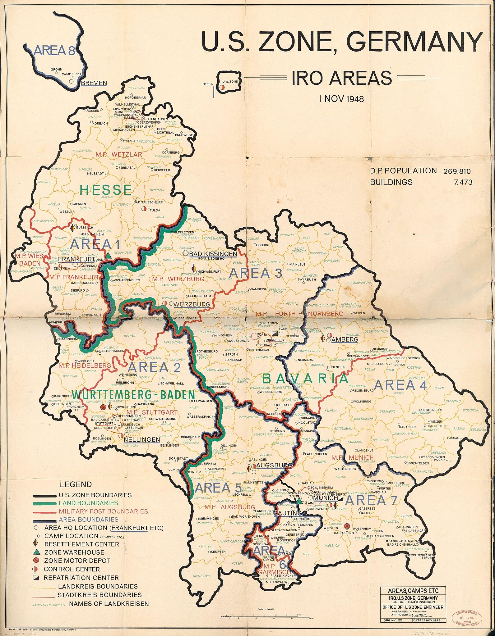 Landkarte der US-Besatzungszonen in Deutschland