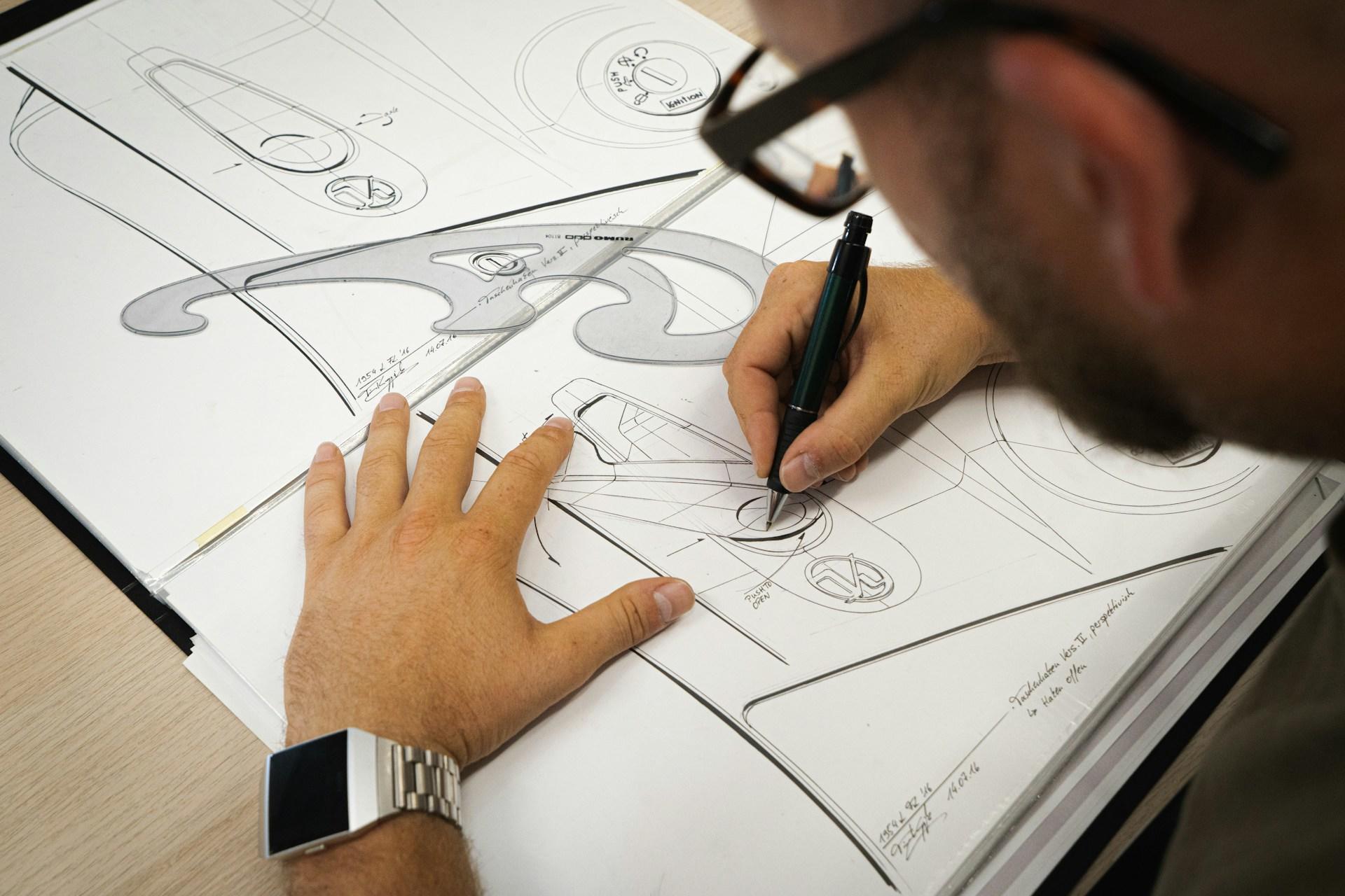 Mann mit Stift in der Hand über Blatt mit Zeichnung gebeugt.