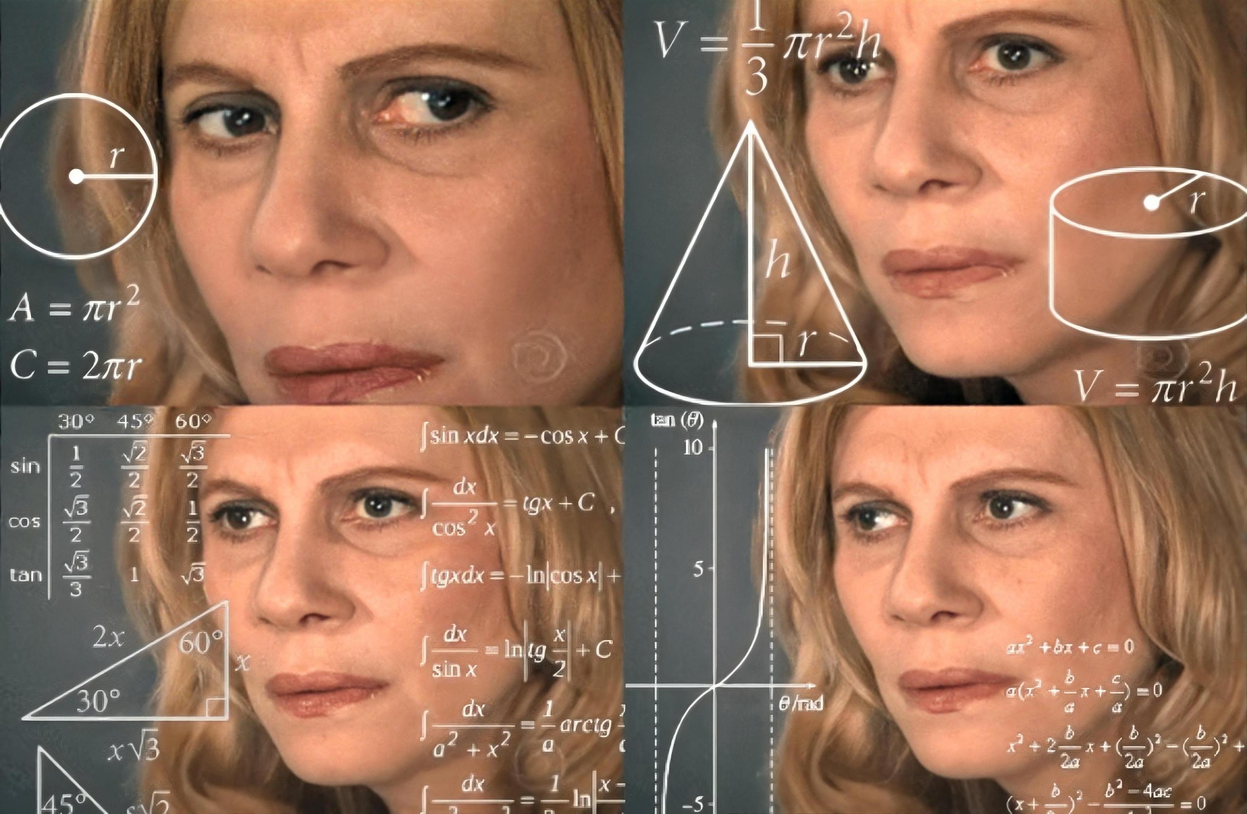 Eine Frau schaut sehr verwirrt auf mathematische Gleichungen