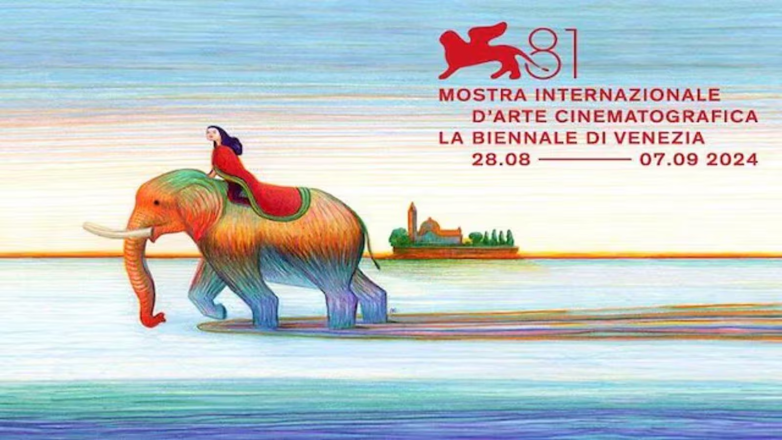 Auf dem Plakat des Filmfestivals Venedig 2024 reitet eine Frau auf einem Elefanten