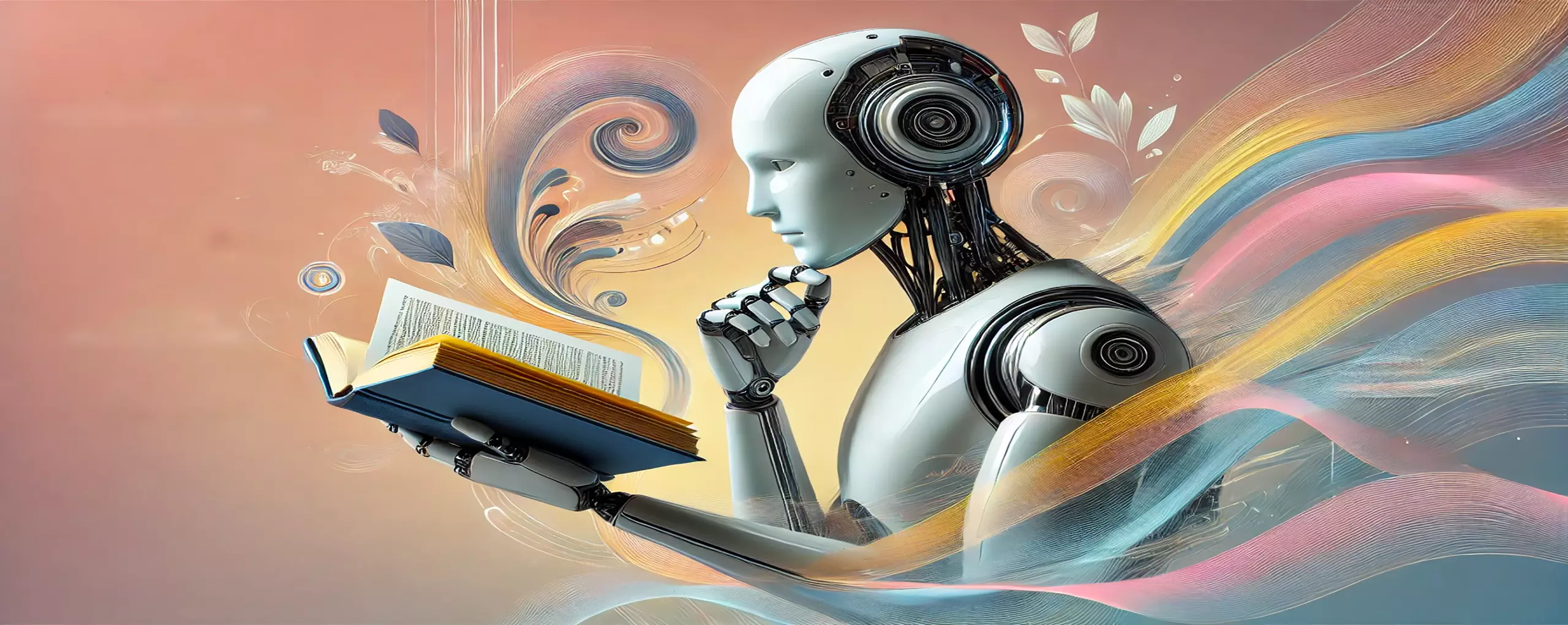 Künstlerische Darstellung eines Roboters mit einem offenen Buch in der Hand