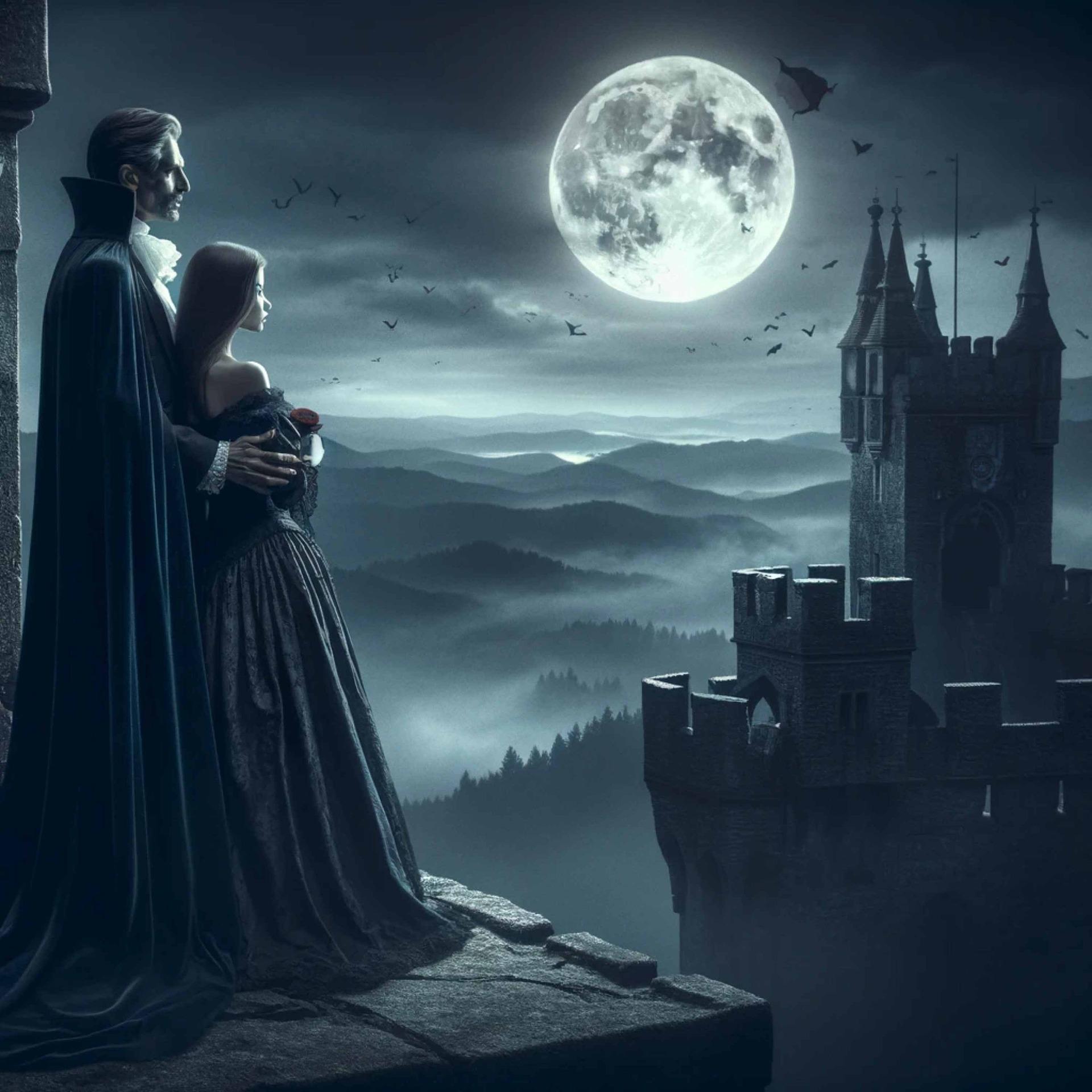 Vampire bei Mondschein mit Blick auf ein Schloss