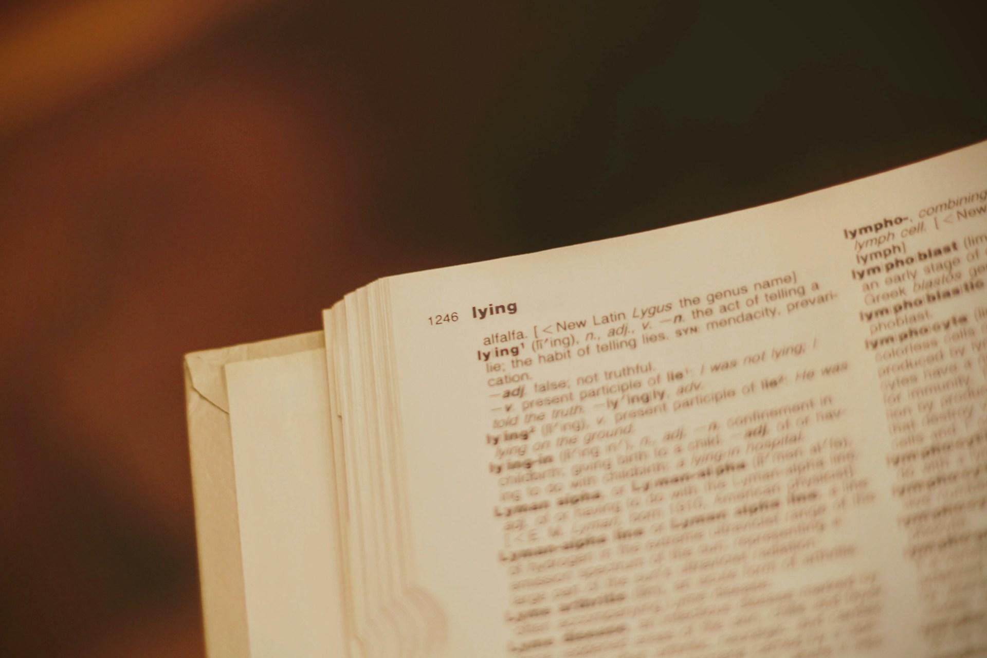 Aufgeschlagenes Buch mit vielen Wörtern.
