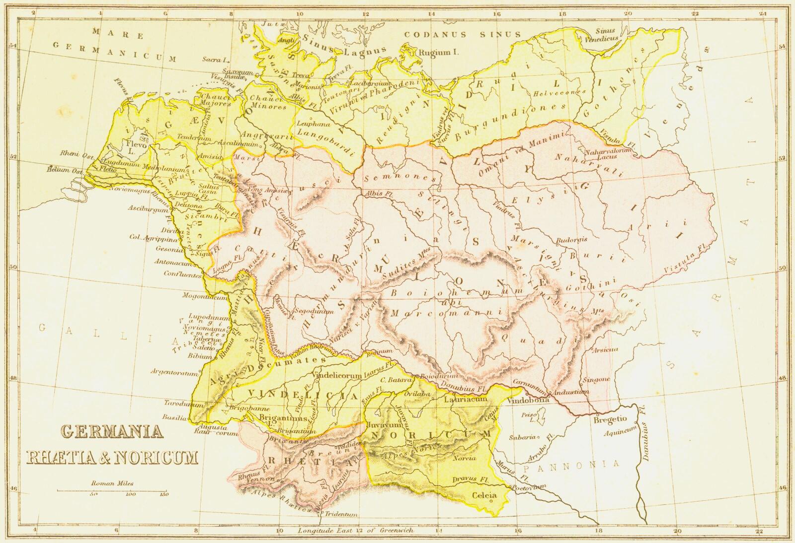 Eine alte Karte zeigt die ehemaligen Gebiete Germaniens