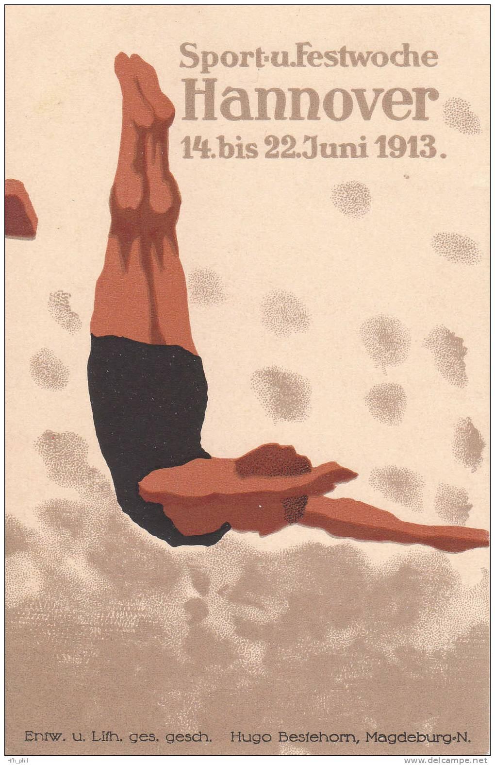 Ein altes Plakat aus Hannover mit einnem Turmspringer im freien Fall. Darauf steht: "Sport u. Festwoche Hannover 14. bis 22. Juni 1913."