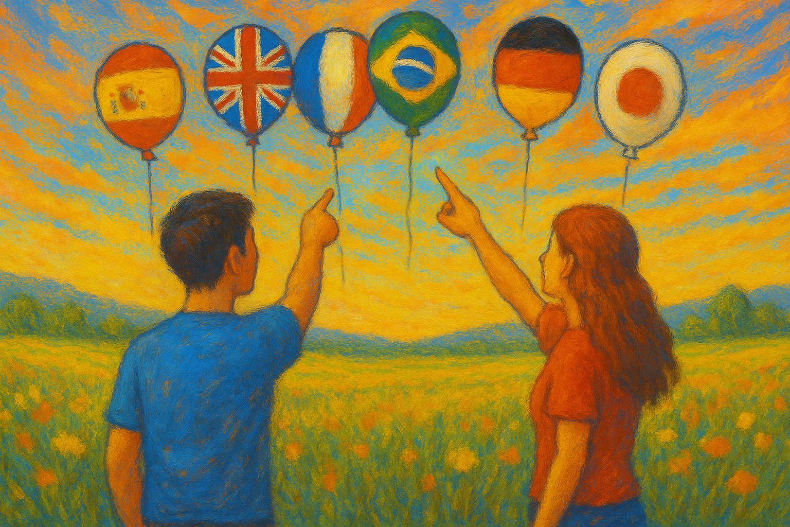 Zeichnung von zwei Personen die auf bunte Luftballons mit verschiedenen Landesflaggen zeigen