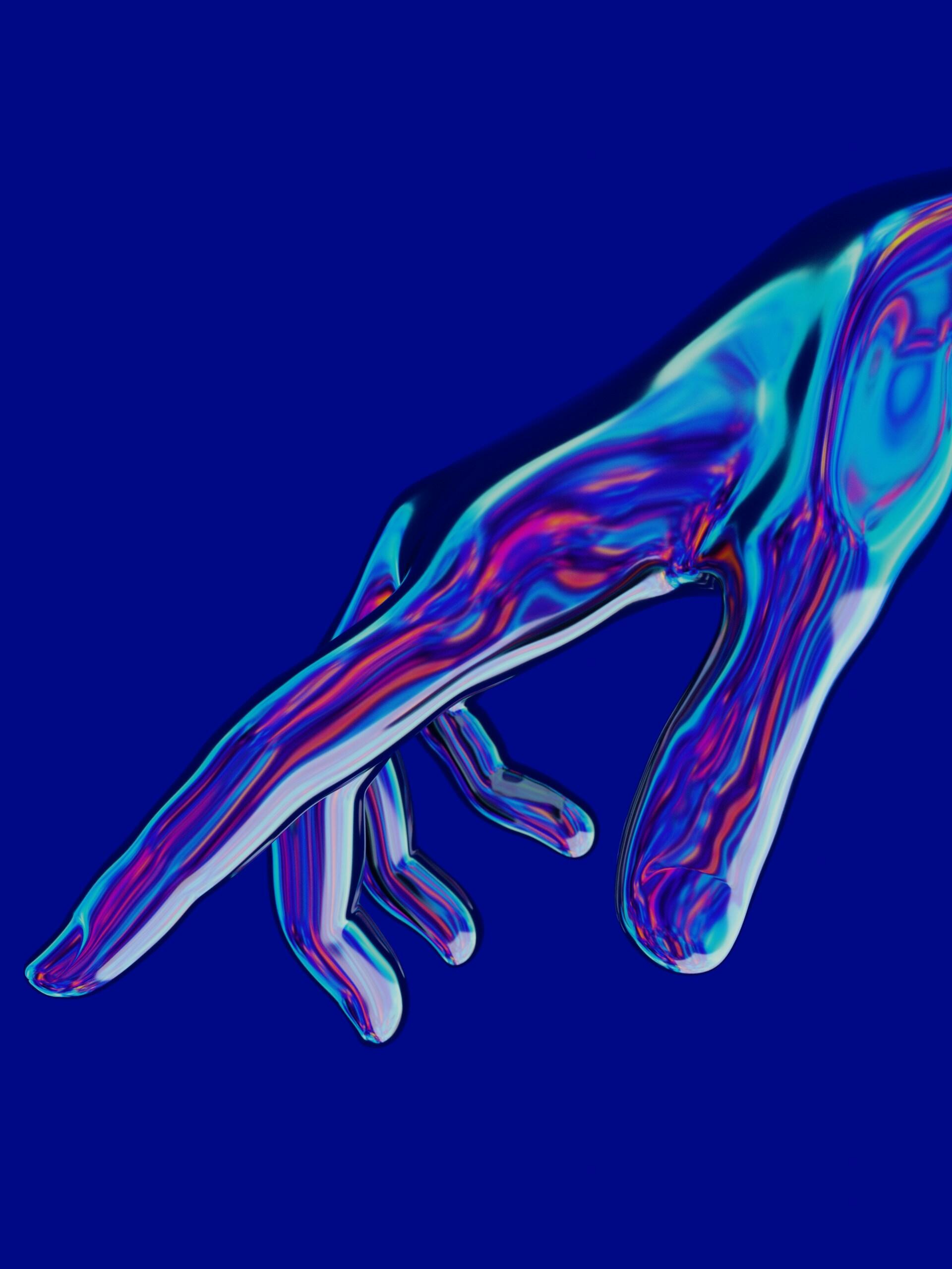 Ein digitales Kunstwerk: Eine metalene Hand zeigt mit dem Finger in eine Ecke vor einem blauen Hintergrund.