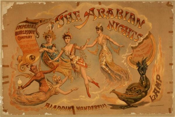Ein altes Poster mit der Überschrift "The arabian nights". Darauf ist unter anderem Aladin und seine Wunderlampe zu sehen.