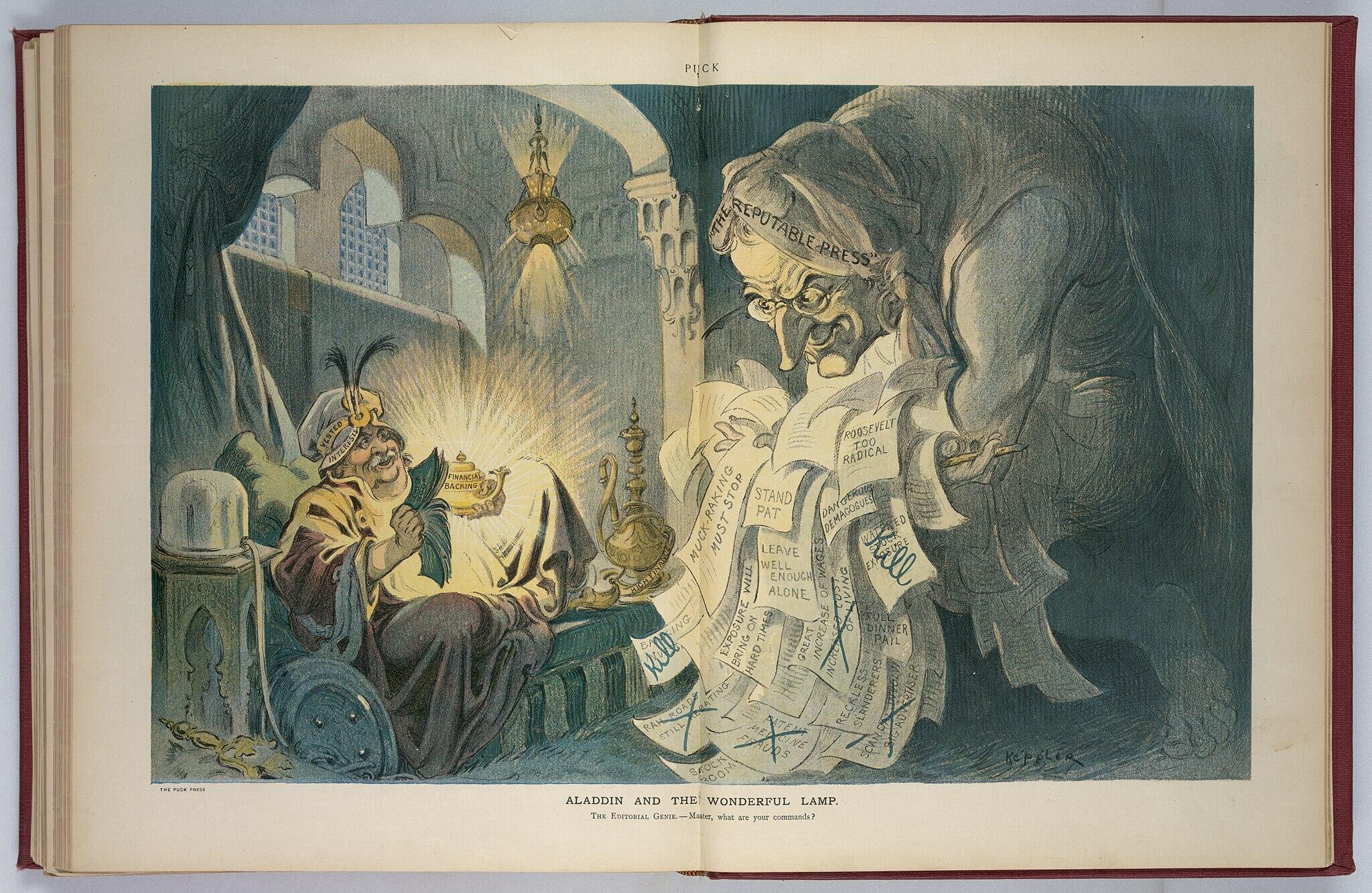 Eine Zeichnung aus einem Märchenbuch, in der der Dschinn aus Aladins WUnderlampe kommt. Er hat viele Zettel mit Wünschen in der Hand.