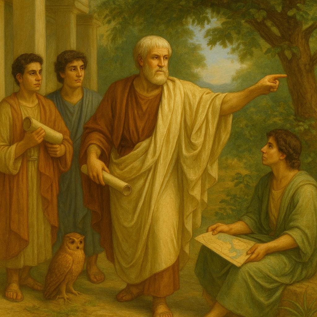 Aristoteles ist im Lyzeum umgeben von Schülern mit Schriftrollen und Karten und zeigt auf ein konkretes Objekt vor sich.