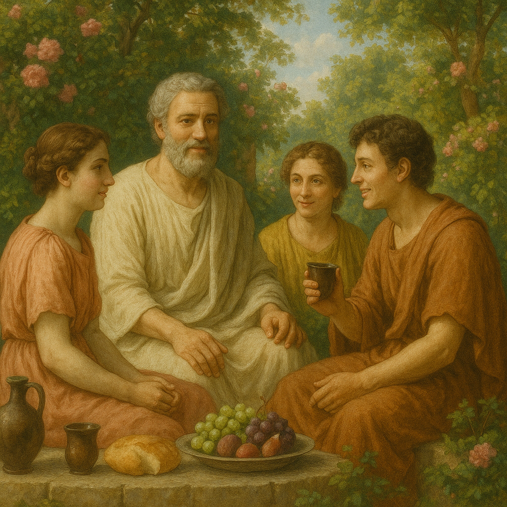 Eine kleine Gruppe von Personen sitzt in einem blühenden Garten um einen Tisch mit Obst, Wein und Brot, vertieft in ein entspanntes Gespräch.