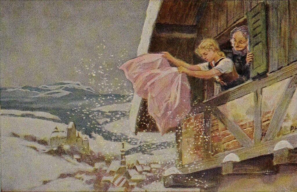 Eine Zeichnung von Paul Hey: Frau Holle schüttelt die Betten aus uns es schneit.