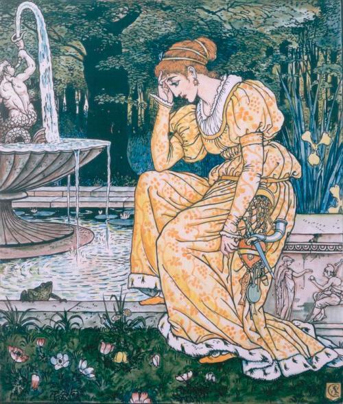 Eine Zeichnung der Prinzessin, die am Brunnen des Froschkönigs sitzt.