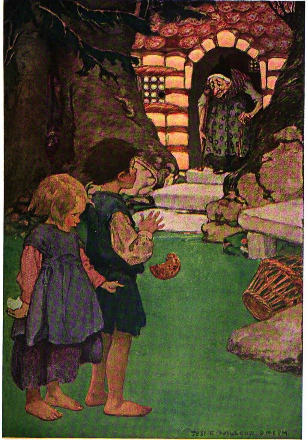 Eine Zeichnung von Hänsel und Gretel und der Hexe, die aus dem Lebkuchenhaus heraus schaut.