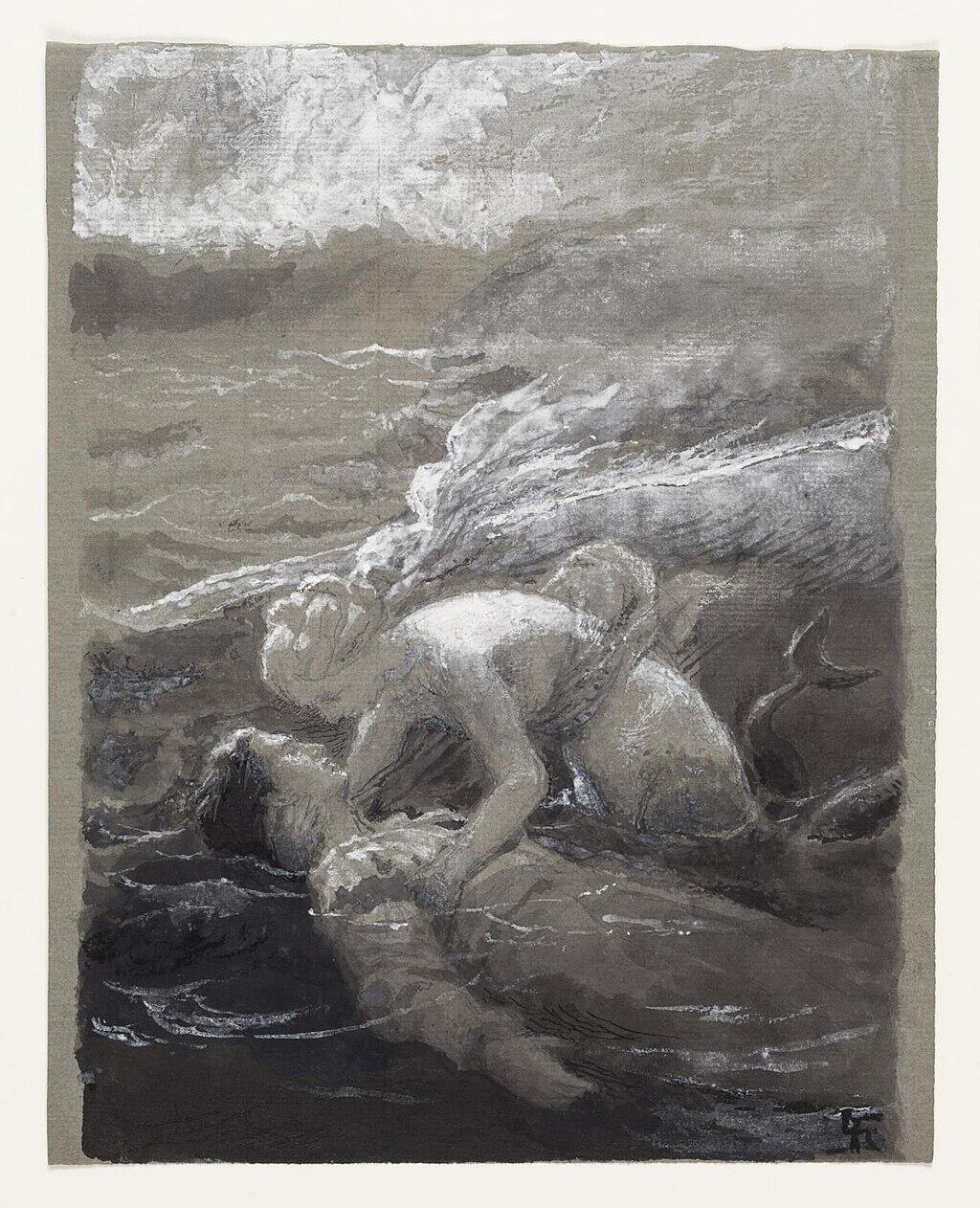 Ein schwarz weiß Gemälde der kleinen Meerjungfrau, die ihren Prinzen im Wasser hält.