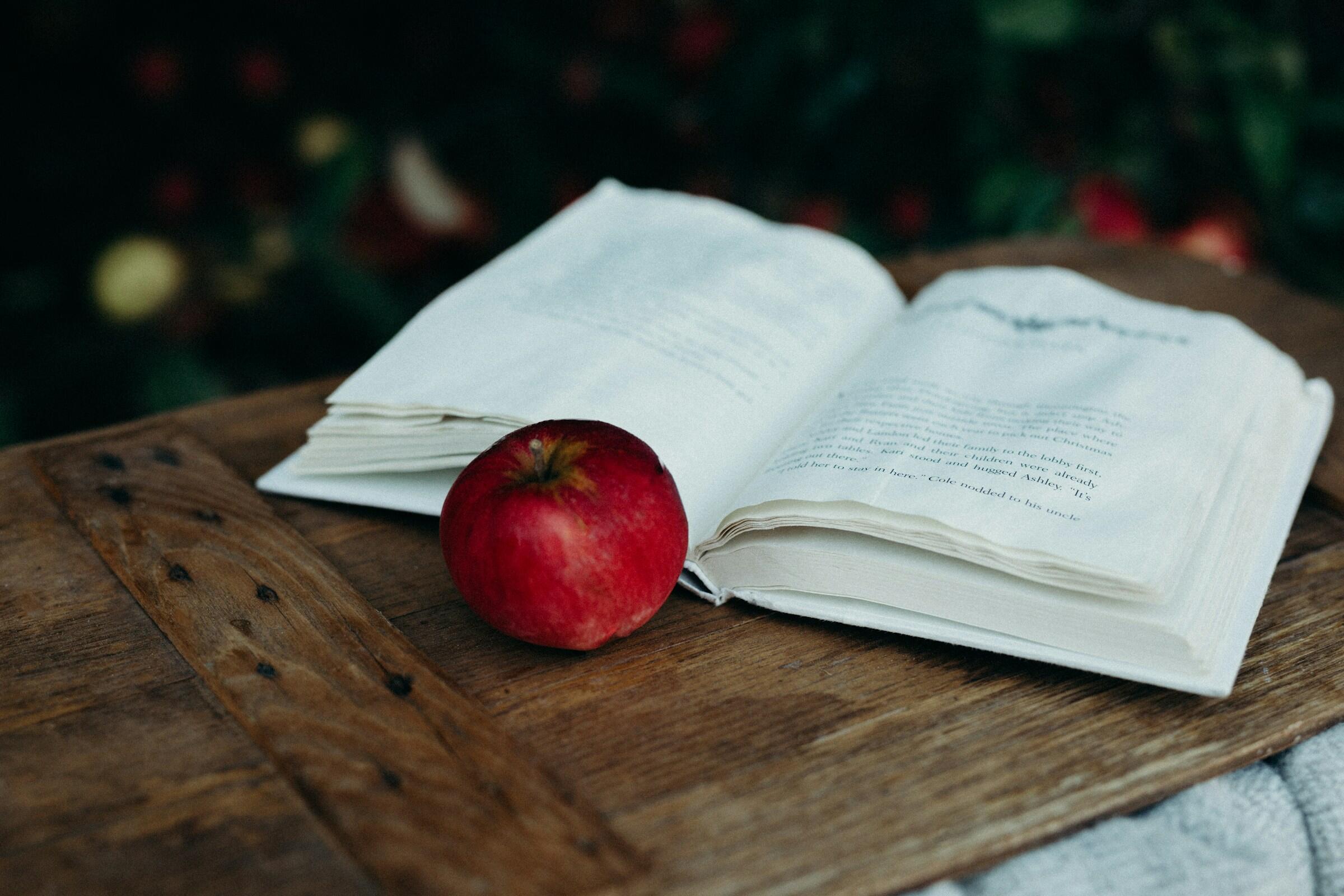 Ein aufgeschlagenes Buch und ein Apfel liegt davor.