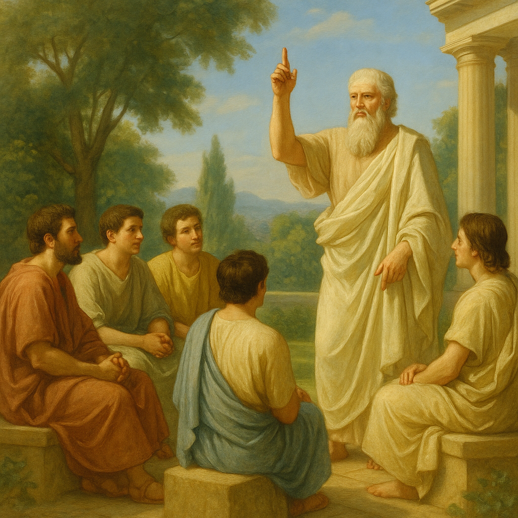 Platon zeigt nach oben (Symbol der Ideen) und die Schüler sitzen im Kreis in einem Garten oder antiken Portikus.