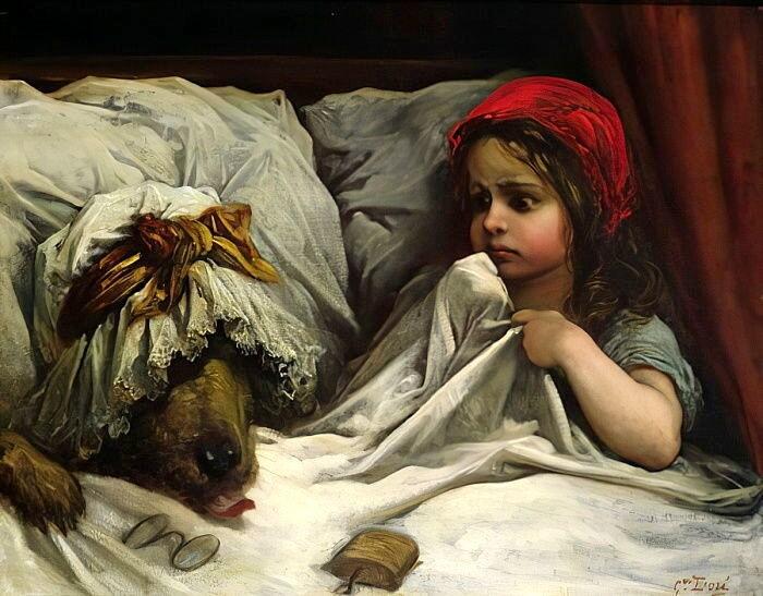 Ein Ölgemälde von Rotkäppchen, die erkennt, dass neben ihr ein Wolf im Bett ist.