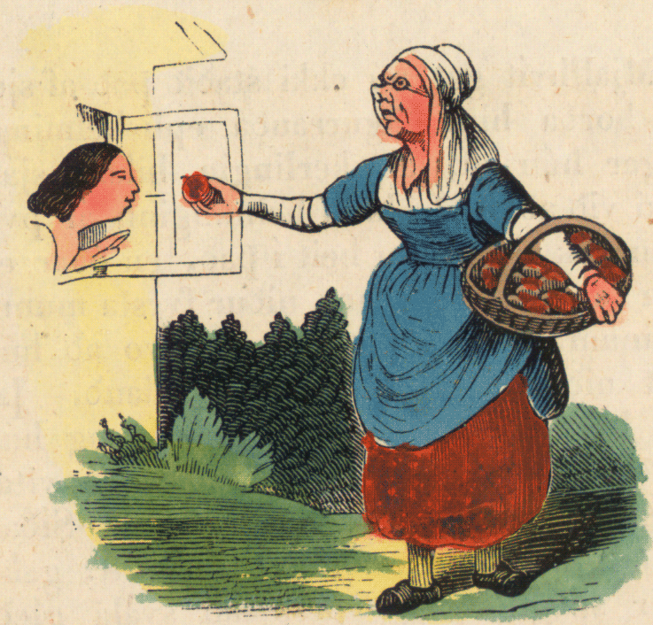 Eine alte Zeichnung, in der die HExe Schneewittchen den vergifteten Apfel gibt.