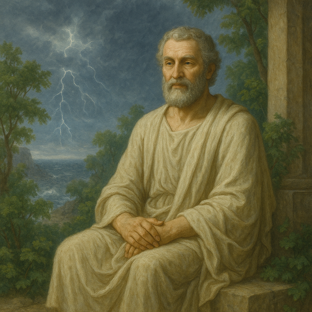 Ein stoischer Philosoph sitzt meditierend mit ruhigem Gesichtsausdruck auf einer Klippe oder in einem Portikus während eines Sturms.