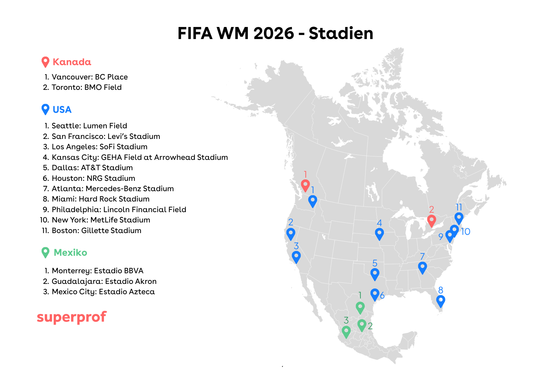 Alle Stadien der FIFA WM 2026 auf einer Karte eingezeichnet
