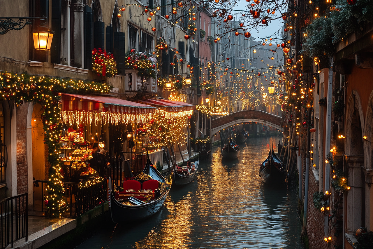 Weihnachtlich beleuchtete Gebäude an einem Kanal in Venedig