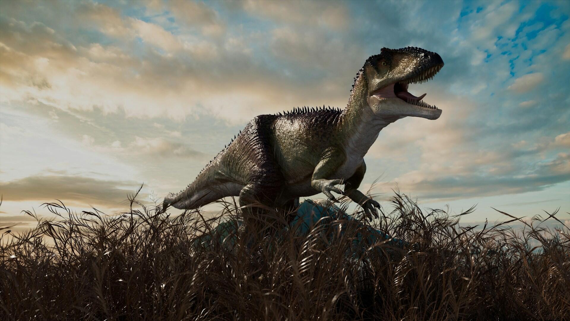 Ein Dinosaurier mit geöffnetem Mund steht auf den Hinterbeinen im hohen Gras