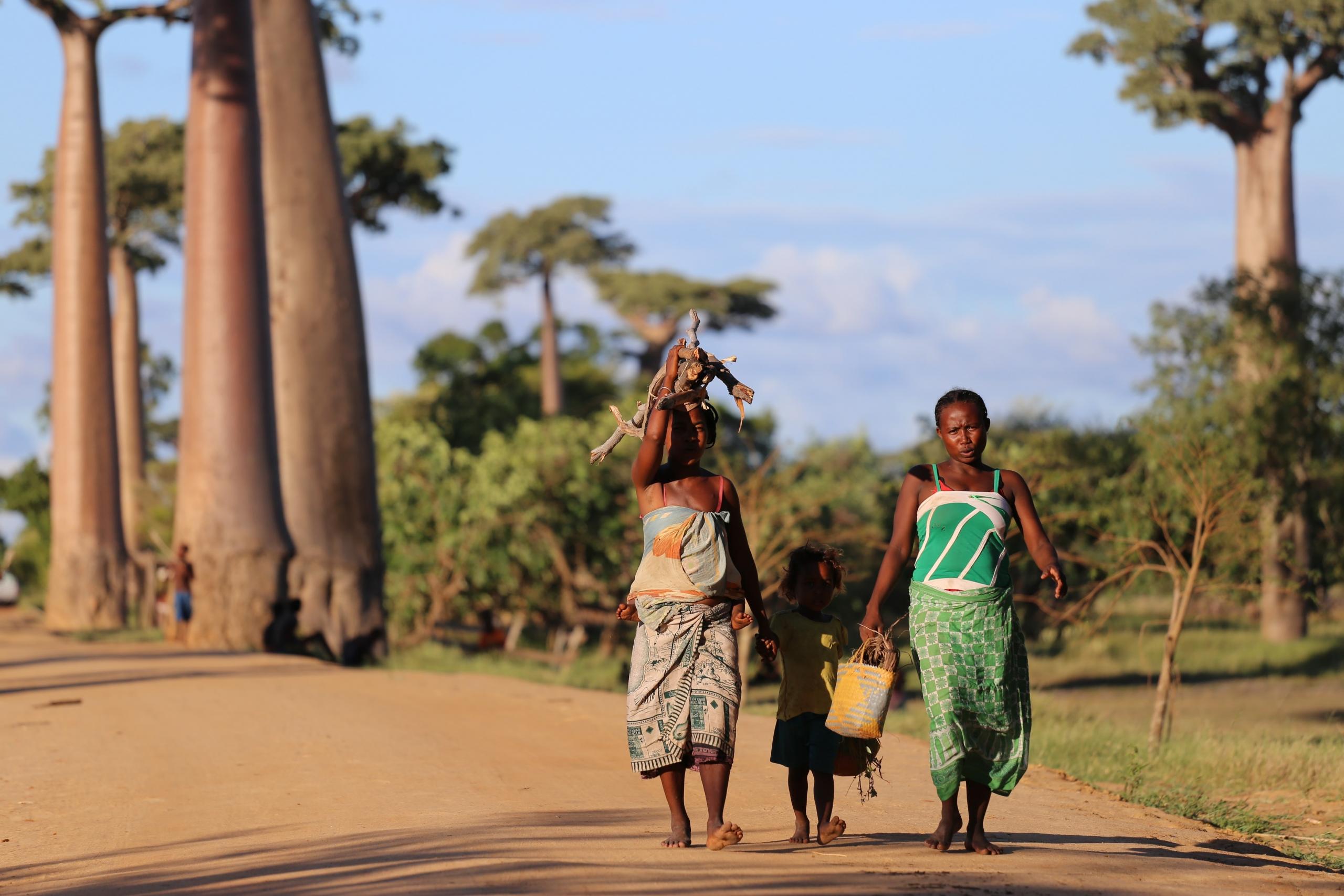 To kvinder går på vejen i et fransktalende land Madagascar, der blev uafhængigt i 1960
