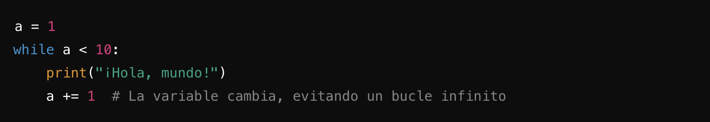 Fragmento de código en Python que muestra un bucle que imprime «¡Hola, mundo!» hasta que una variable `a` alcanza 10, evitando un bucle infinito.