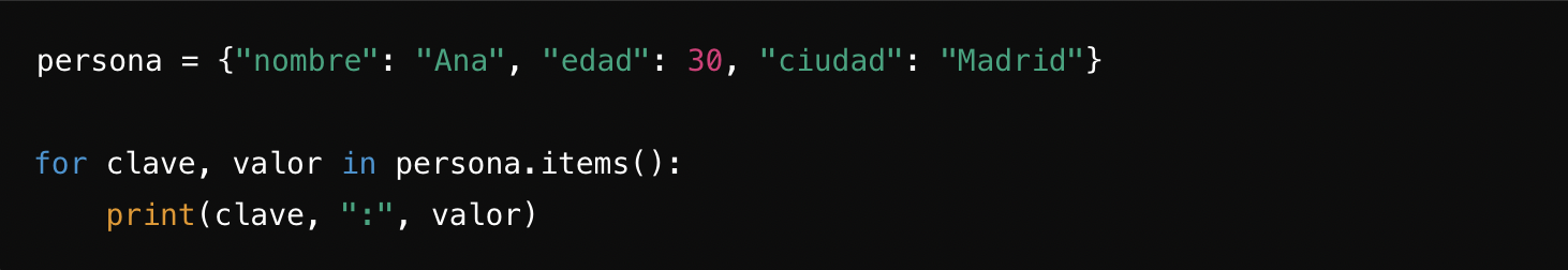 Fragmento de código que muestra un diccionario Python para una persona llamada Ana, iterando para imprimir su nombre, edad y ciudad.