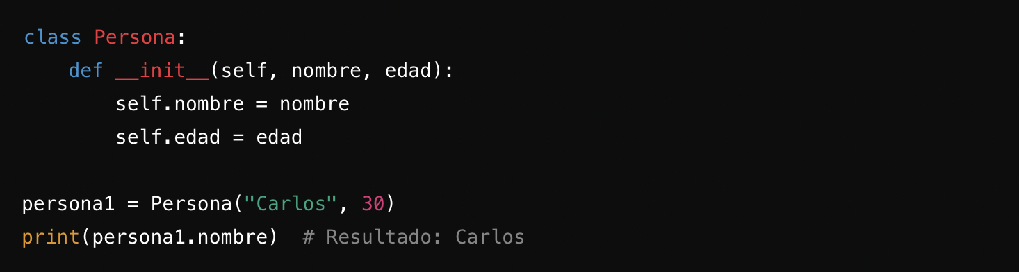 Fragmento de código Python que define una clase “Persona”, crea una instancia llamada “Carlos” e imprime el atributo name.