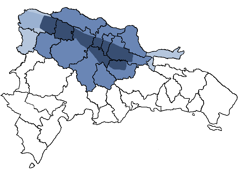 Mapa de la República Dominicana con provincias delineadas; la zona sombreada en azul resalta el Valle del Cibao en la región norte y central del país
