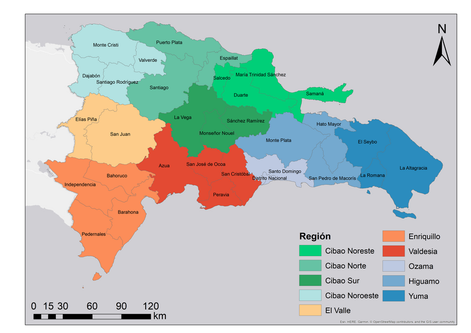 Mapa de las regiones de desarrollo de la República Dominicana, mostrando la división territorial en áreas diferenciadas según criterios geográficos y administrativos