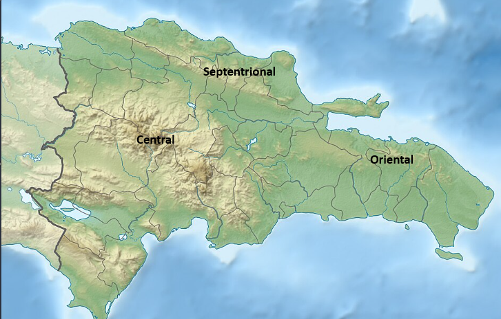 Mapa de la República Dominicana mostrando sus 3 cordilleras: Central, Oriental y Septentrional