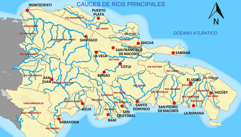Mapa de la República Dominicana con los cauces de rios principales