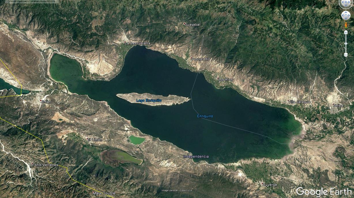 Imagen satelital mostrando el lago Enriquillo y la isla Cabrito en la República Dominicana 