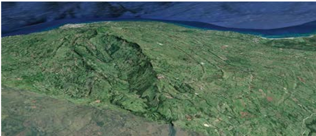Imagen satelital mostrando el cráter del volcán de Cabrera en la República Dominicana. 