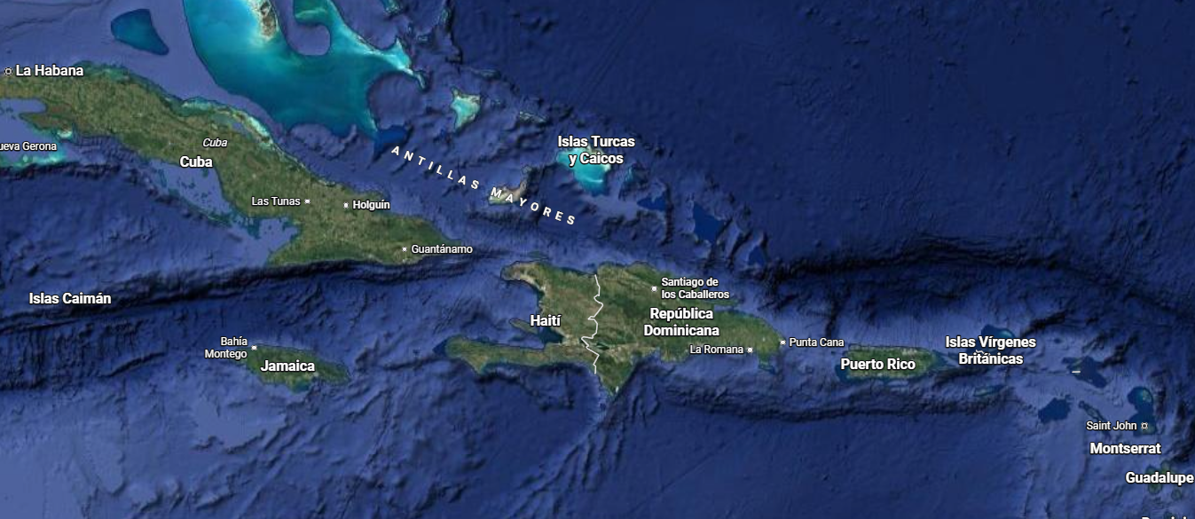 Imagen satelital que muestra la isla de la  Hispaniola completa, junto a Cuba y Puerto Rico  