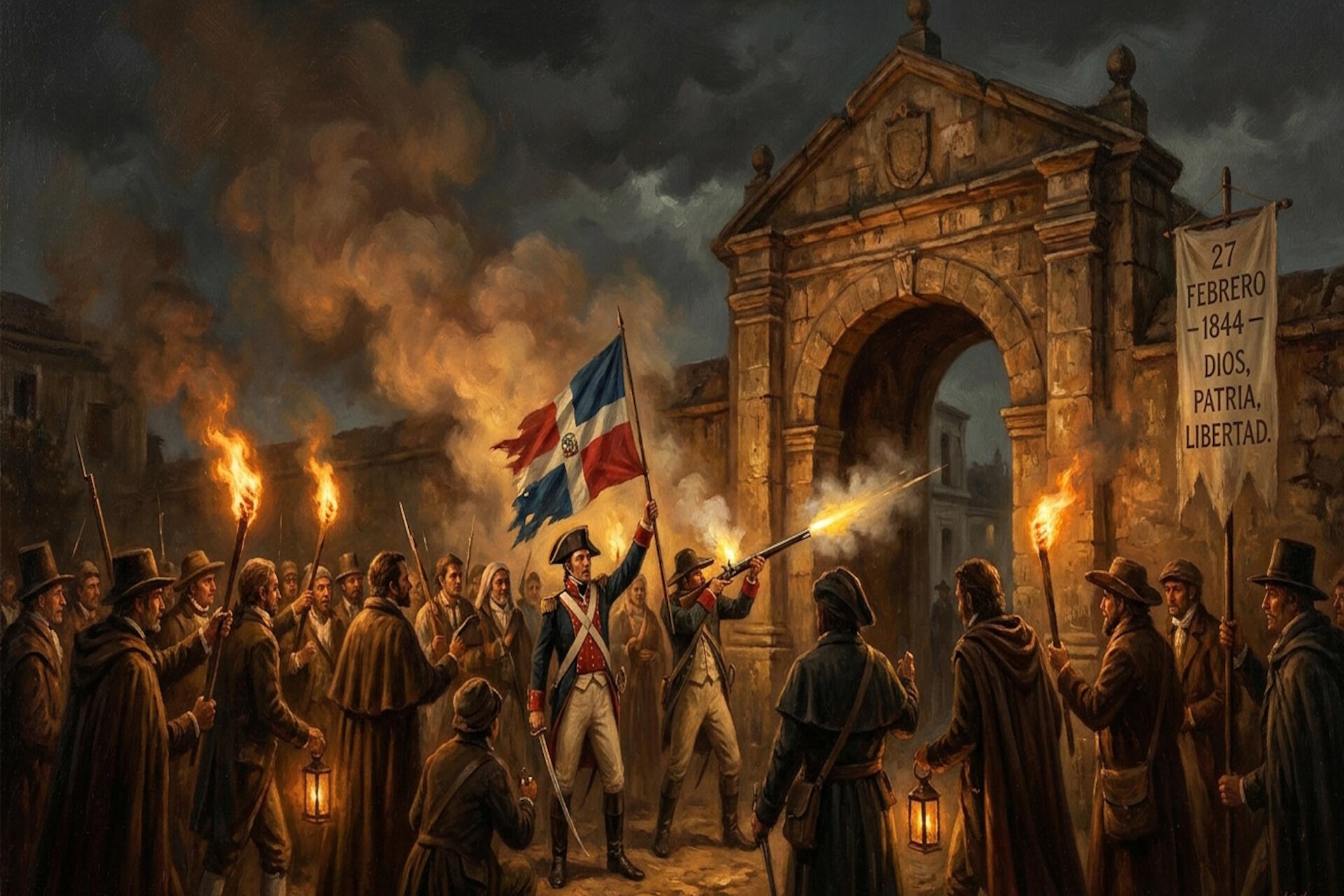 Representación histórica de la proclamación de la Independencia Dominicana la noche del 27 de febrero de 1844 en la Puerta del Conde, con patriotas izando la bandera dominicana bajo la luz de antorchas.